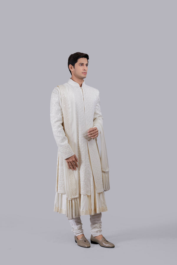 B More OFF WHITE PURE TISSUE SILK PEARL WORK SHERWANI