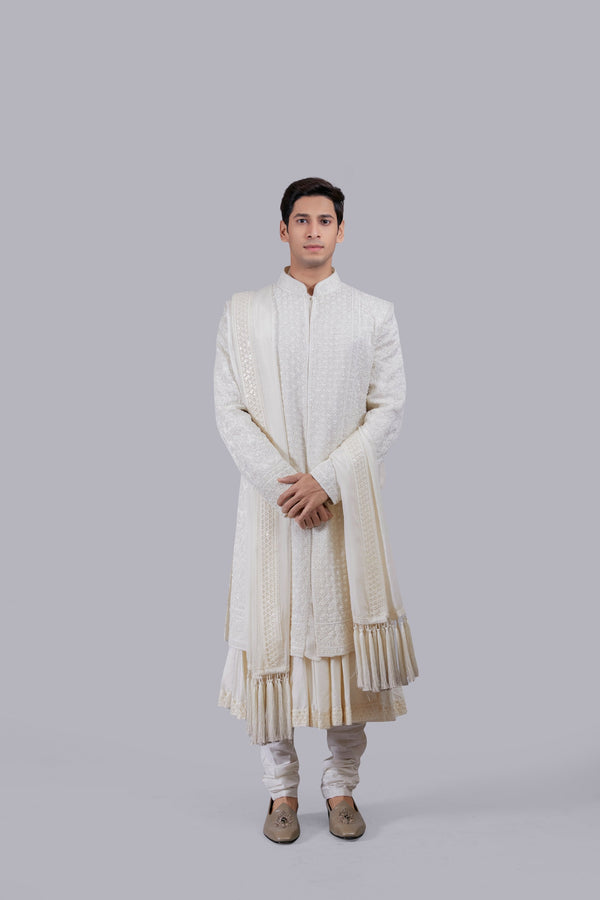 b more OFF WHITE PURE TISSUE SILK PEARL WORK SHERWANI