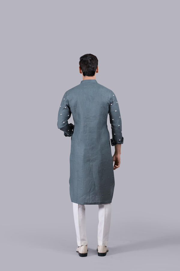 B More OLIVE GREEN PURE LINEN THREAD WORK KURTA SET