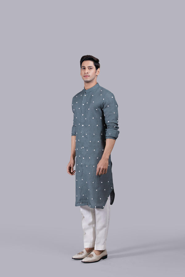 B More OLIVE GREEN PURE LINEN THREAD WORK KURTA SET