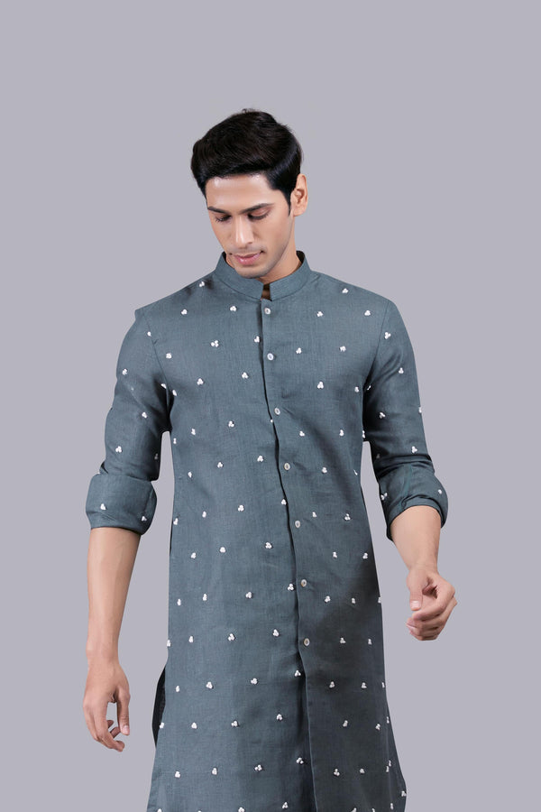 B More OLIVE GREEN PURE LINEN THREAD WORK KURTA SET