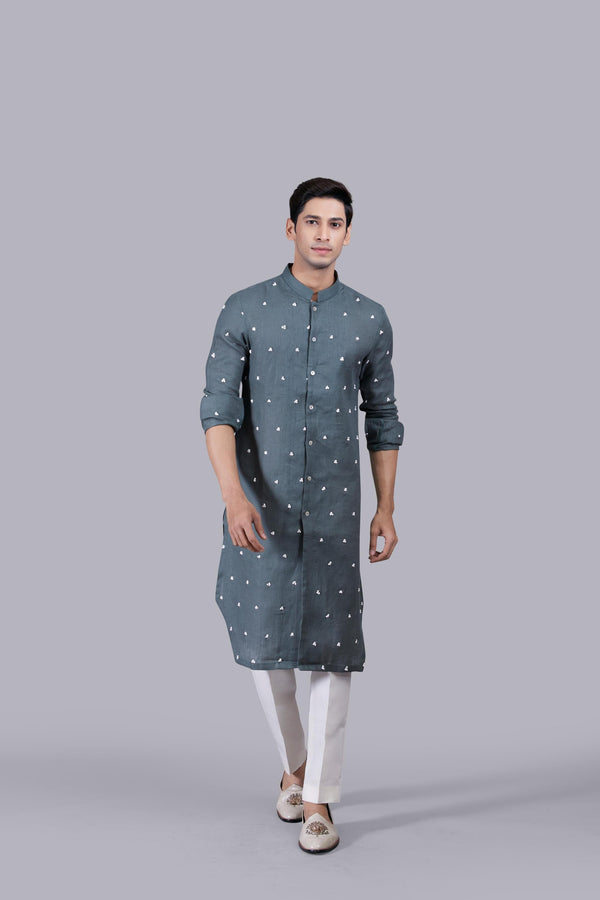 b more OLIVE GREEN PURE LINEN THREAD WORK KURTA SET