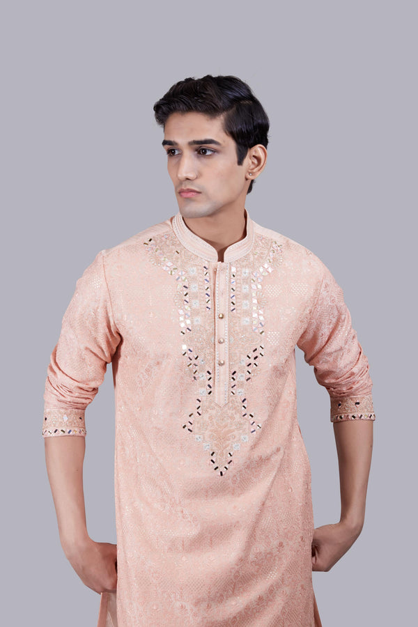 B More PEACH BANARASI JACQUARD SILK THREAD WORK KURTA SET
