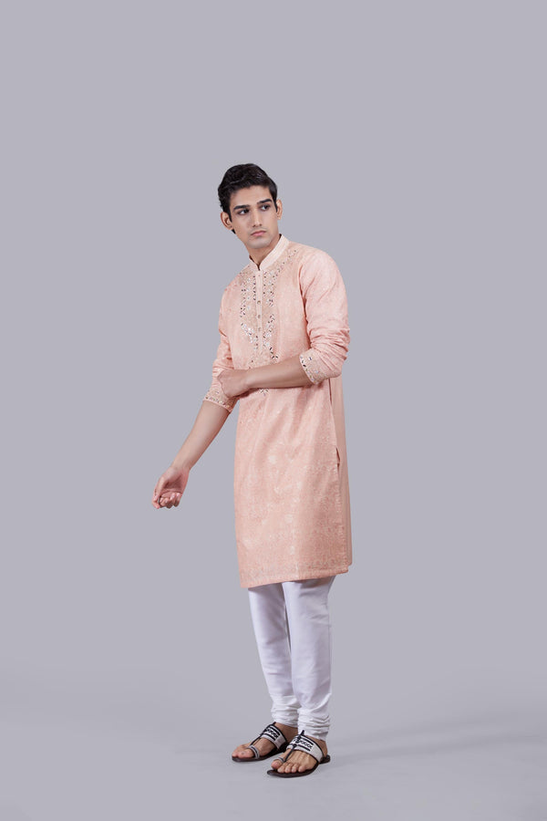 B More PEACH BANARASI JACQUARD SILK THREAD WORK KURTA SET