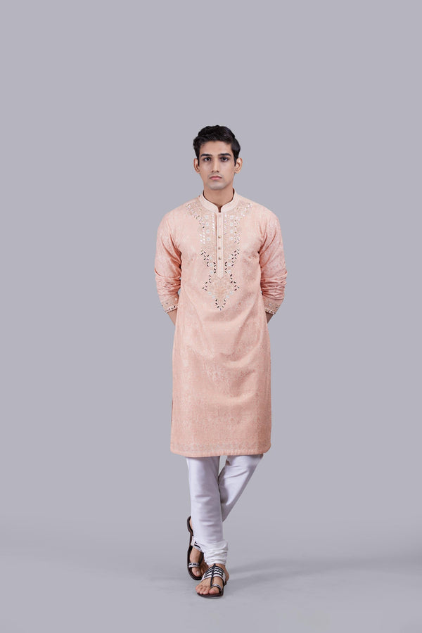 b more PEACH BANARASI JACQUARD SILK THREAD WORK KURTA SET