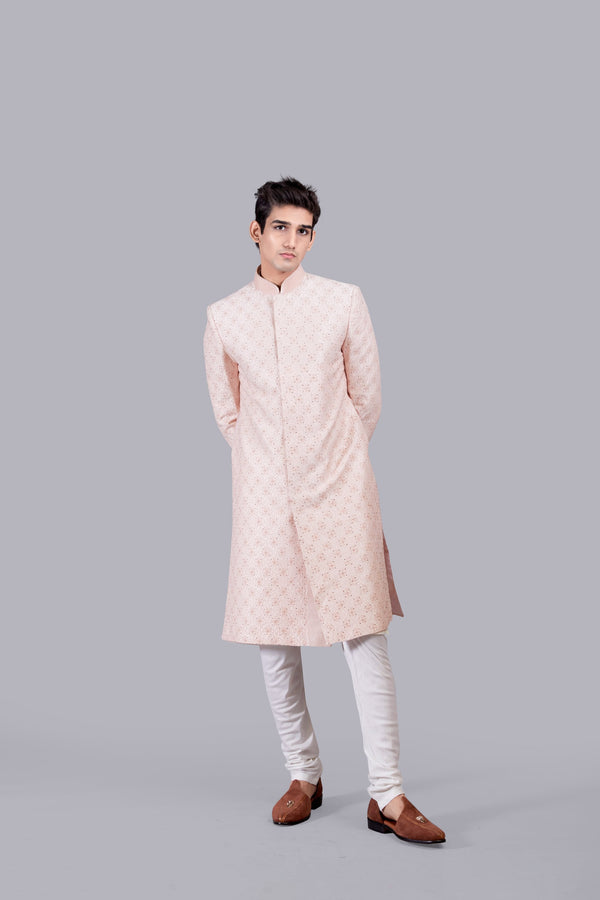 b more PEACH CHANDERI SILK DIAMOND WORK INDO WESTERN