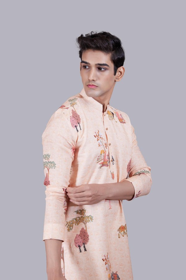 B More PEACH DIGITAL PRINT LINEN THREAD WORK KURTA SET
