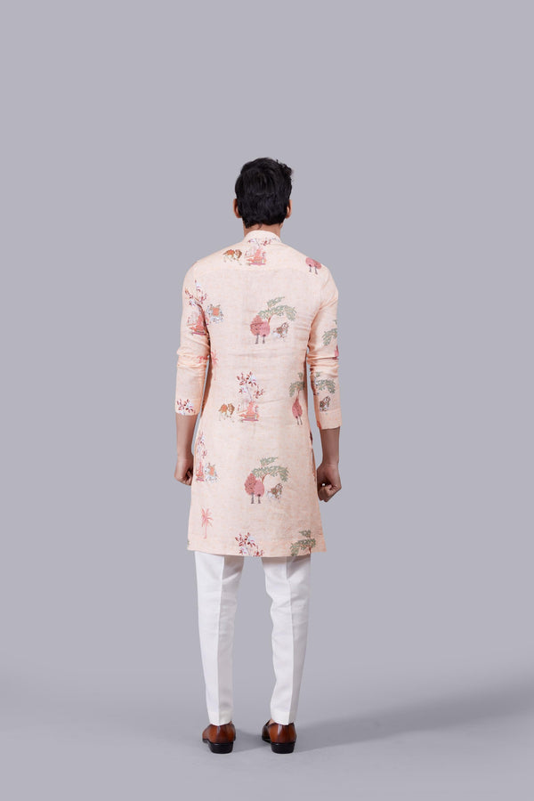 B More PEACH DIGITAL PRINT LINEN THREAD WORK KURTA SET
