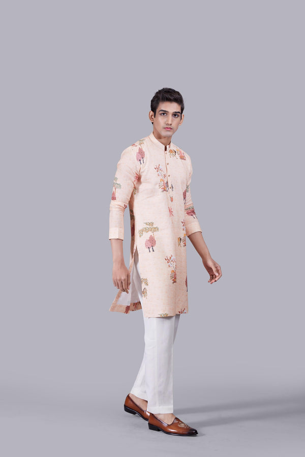 B More PEACH DIGITAL PRINT LINEN THREAD WORK KURTA SET