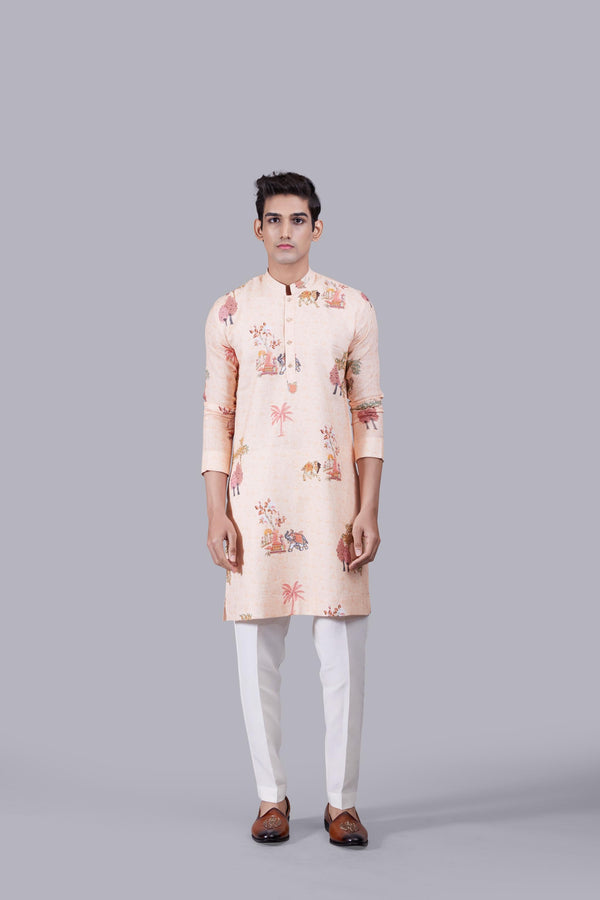 b more PEACH DIGITAL PRINT LINEN THREAD WORK KURTA SET