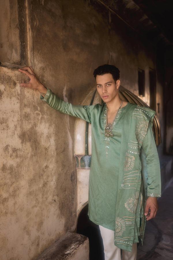 B More Pistachio Linen Silk Resham Thread Mirror Embellishment Kurta