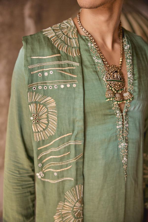 B More Pistachio Linen Silk Resham Thread Mirror Embellishment Kurta