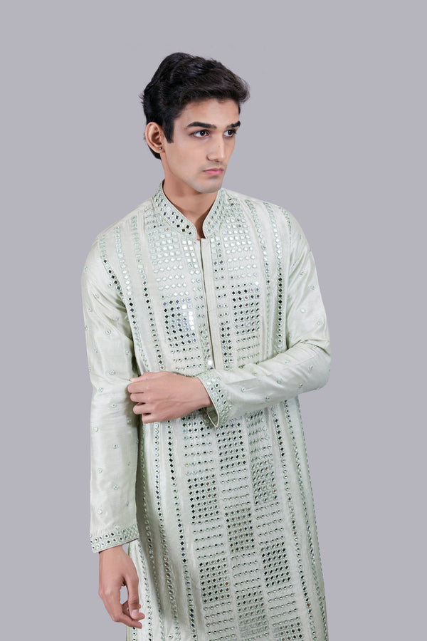 B More PISTACHIO PURE MYSORE SILK MIRROR WORK KURTA SET