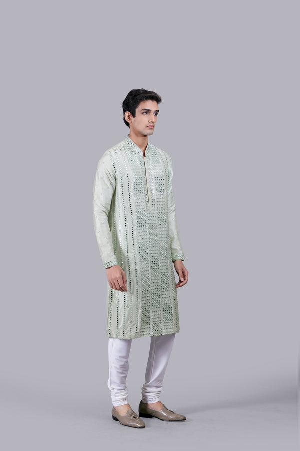 B More PISTACHIO PURE MYSORE SILK MIRROR WORK KURTA SET