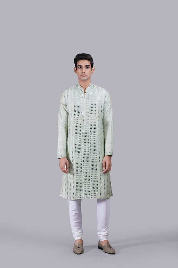 b more PISTACHIO PURE MYSORE SILK MIRROR WORK KURTA SET