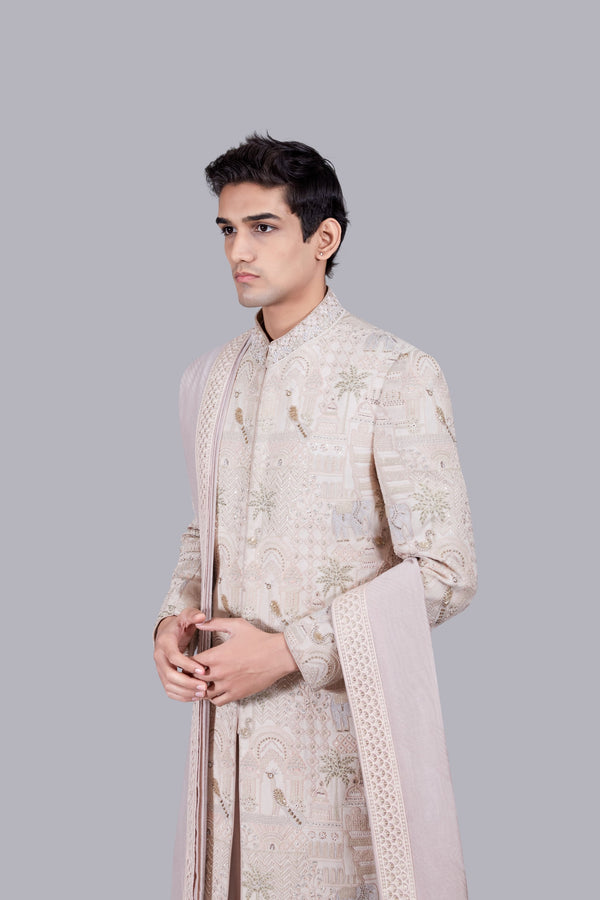 B More POWDER PINK PURE GEORGETTE THREAD WORK SHERWANI