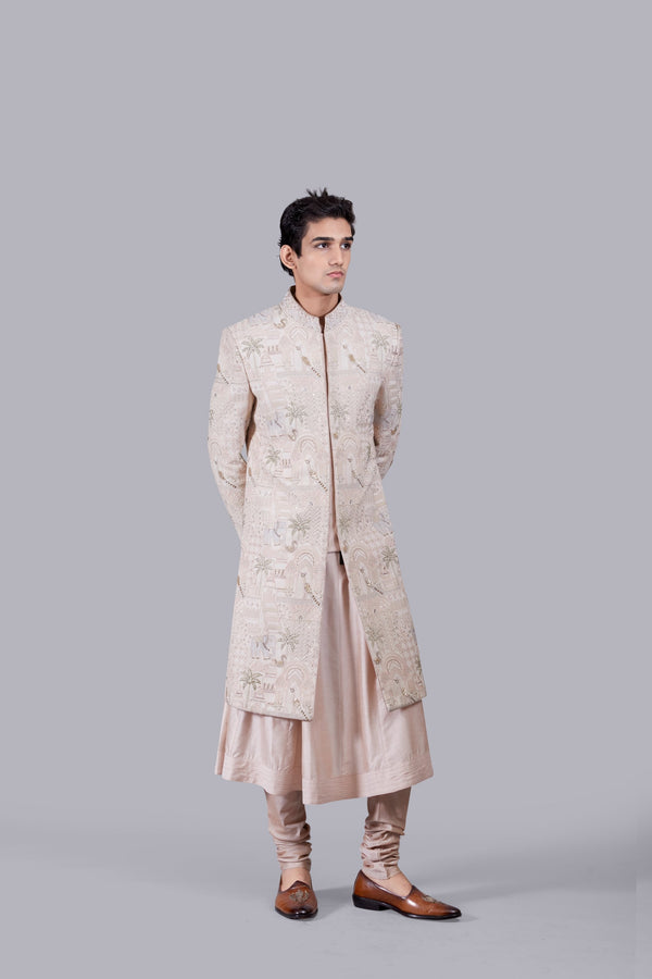 B More POWDER PINK PURE GEORGETTE THREAD WORK SHERWANI