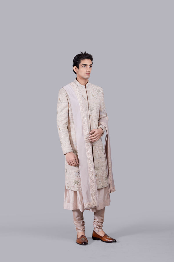B More POWDER PINK PURE GEORGETTE THREAD WORK SHERWANI