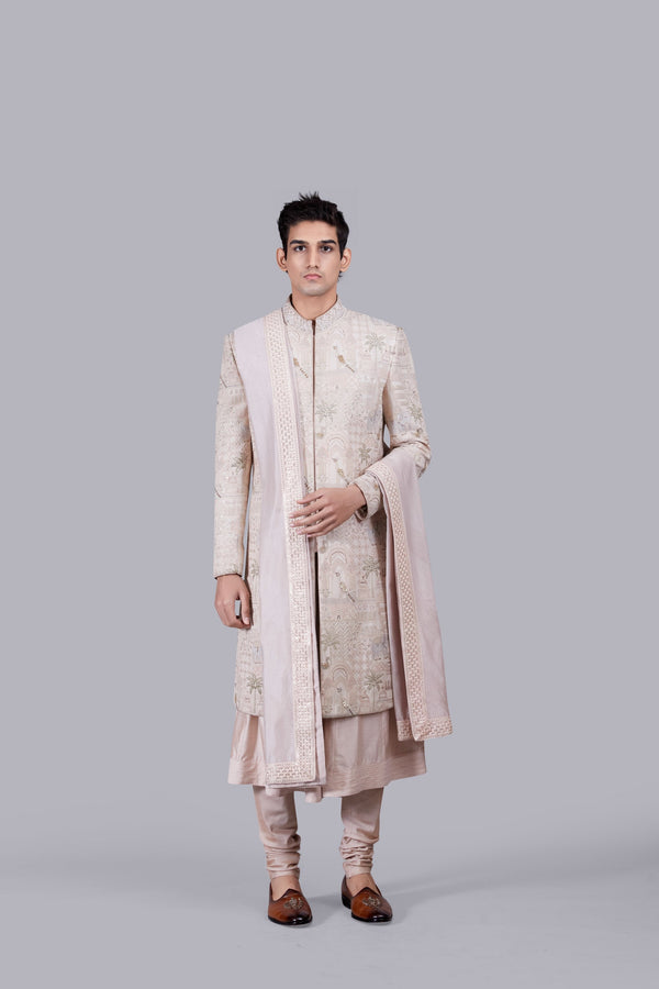 b more POWDER PINK PURE GEORGETTE THREAD WORK SHERWANI
