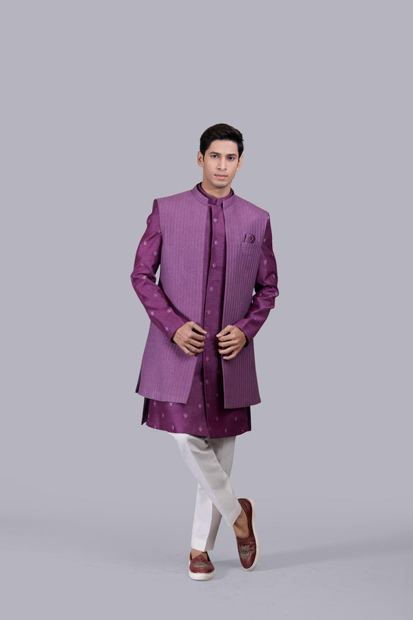 b more PURPLE BHAGALPURI SILK THREAD WORK INDO WESTERN