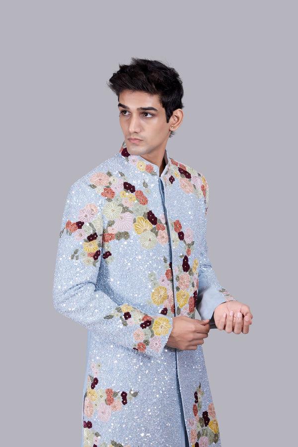 B More SKY BLUE RAW SILK SEQUENCE WORK INDO WESTERNS