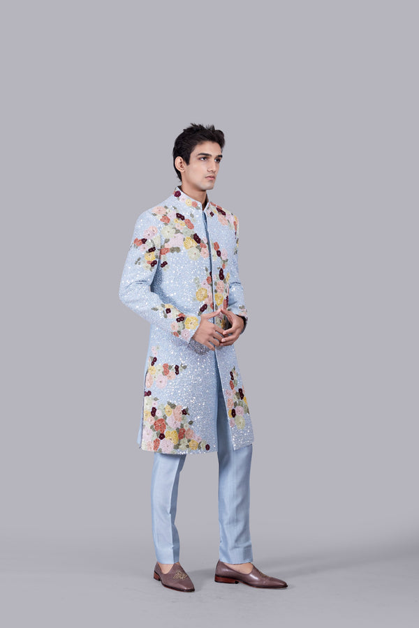 B More SKY BLUE RAW SILK SEQUENCE WORK INDO WESTERNS