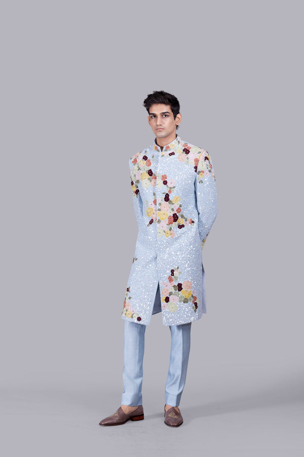 B More SKY BLUE RAW SILK SEQUENCE WORK INDO WESTERNS