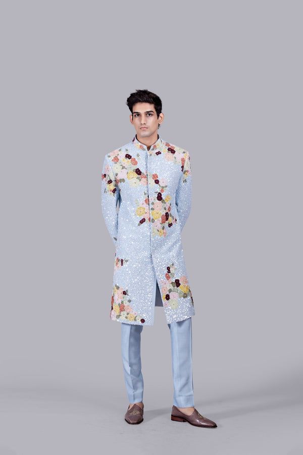 b more SKY BLUE RAW SILK SEQUENCE WORK INDO WESTERNS