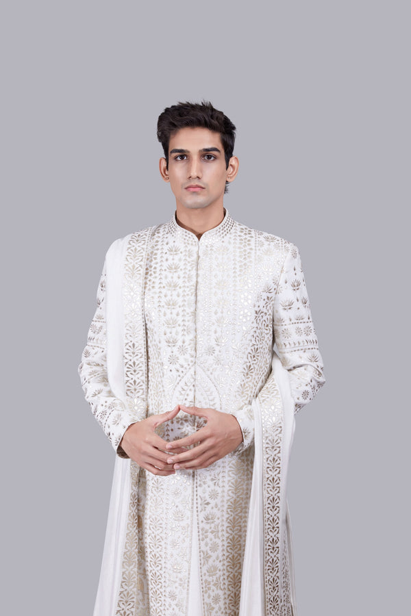 B More WHITE CHANDERI SILK LEATHER PATCH WORK SHERWANI