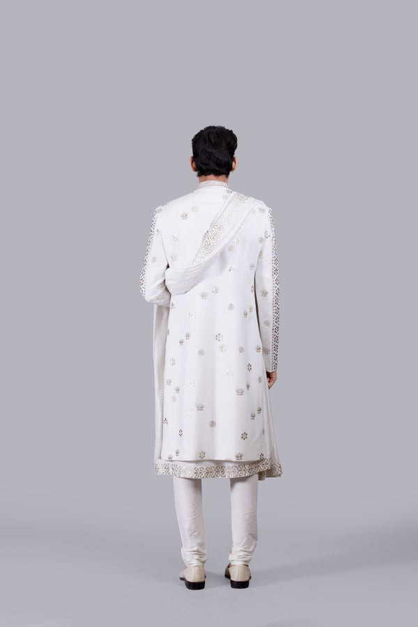 B More WHITE CHANDERI SILK LEATHER PATCH WORK SHERWANI