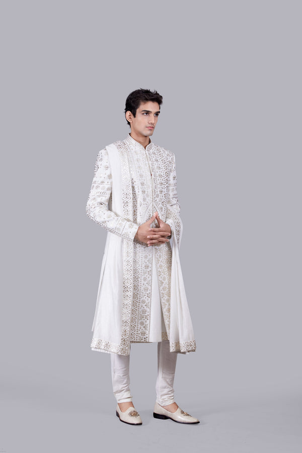 B More WHITE CHANDERI SILK LEATHER PATCH WORK SHERWANI