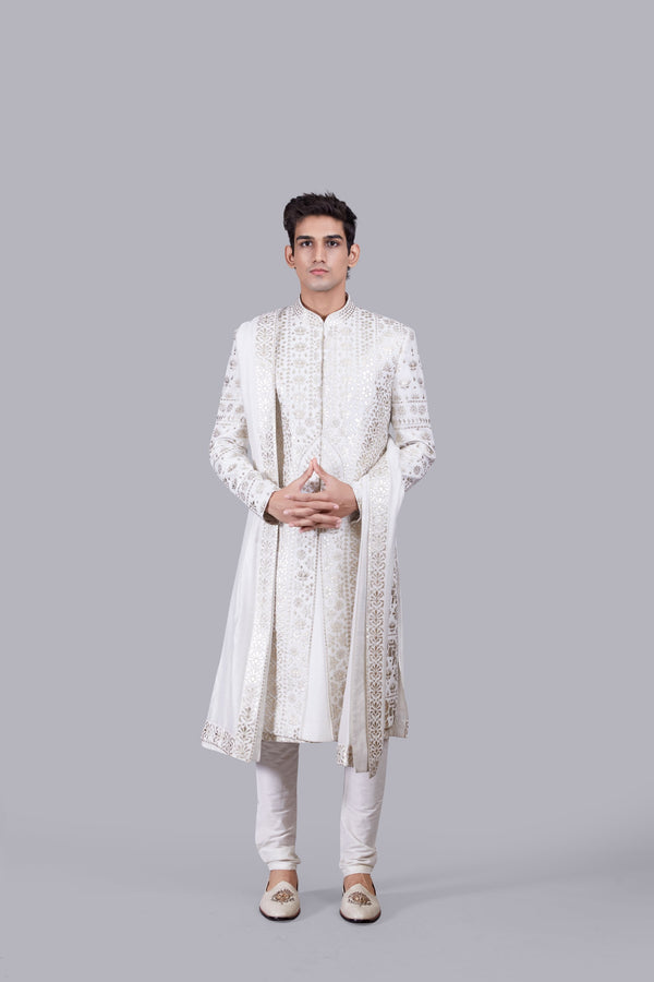 b more WHITE CHANDERI SILK LEATHER PATCH WORK SHERWANI