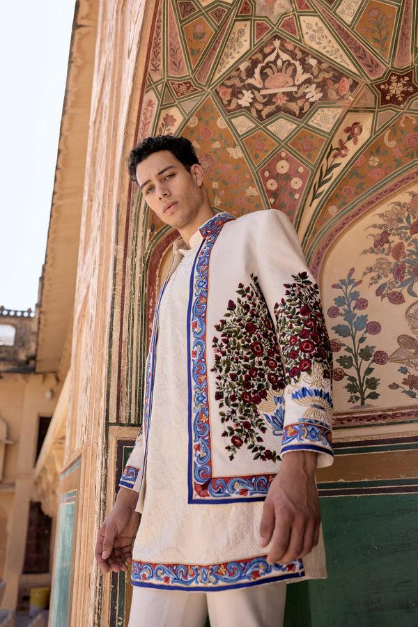 B More White Pure Matka Silk Zari Resham Threadwork Indowestern