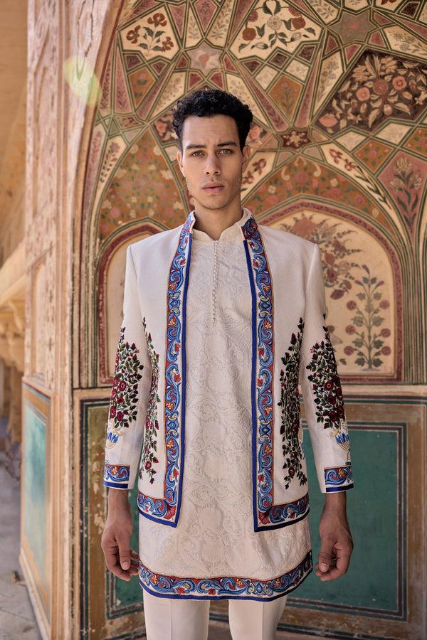 B More White Pure Matka Silk Zari Resham Threadwork Indowestern