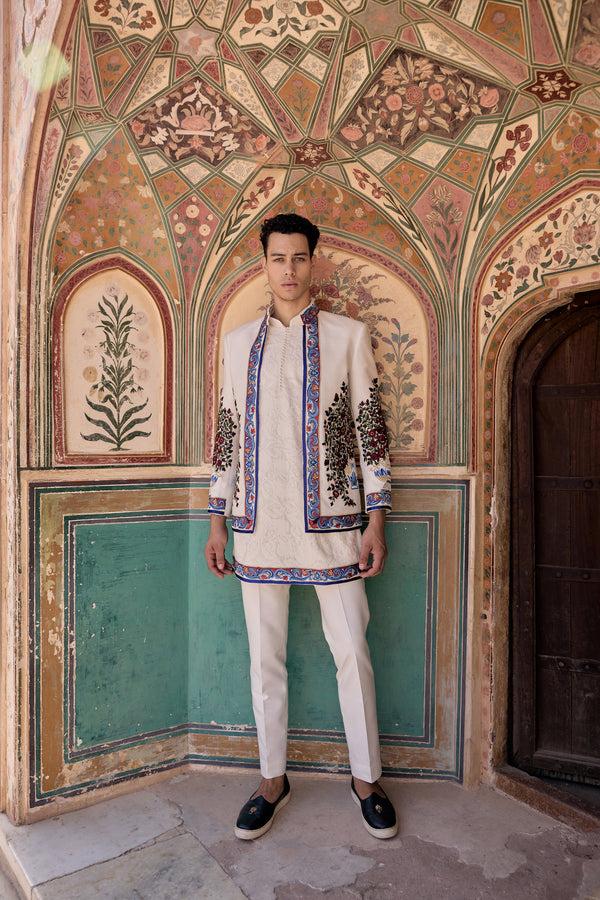 b more White Pure Matka Silk Zari Resham Threadwork Indowestern