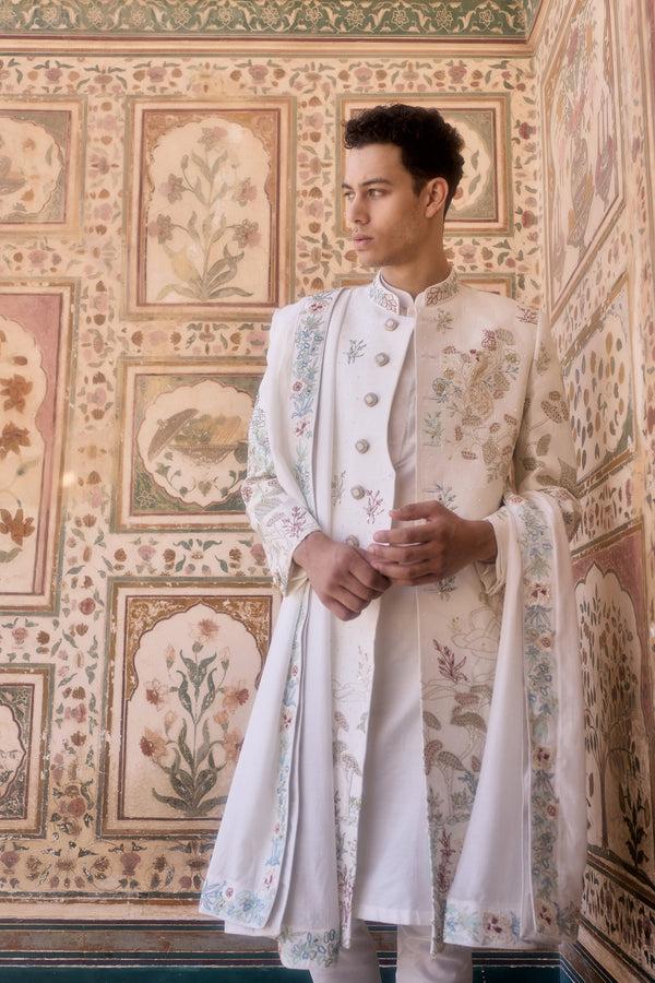B More White Pure Raw Silk French Knot Zardosi Cutdana Work Sherwani