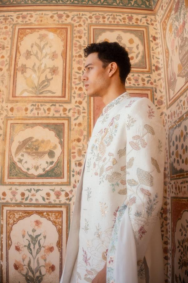 B More White Pure Raw Silk French Knot Zardosi Cutdana Work Sherwani