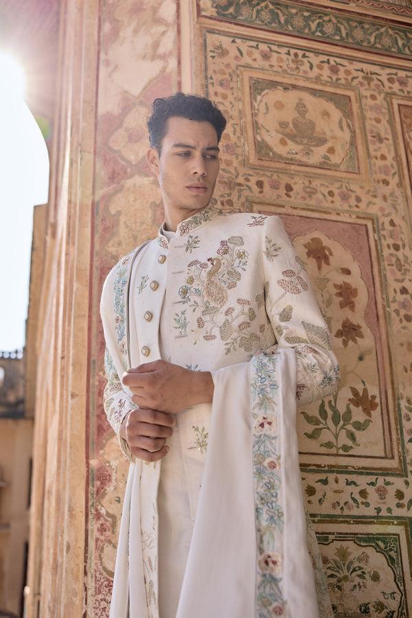 B More White Pure Raw Silk French Knot Zardosi Cutdana Work Sherwani
