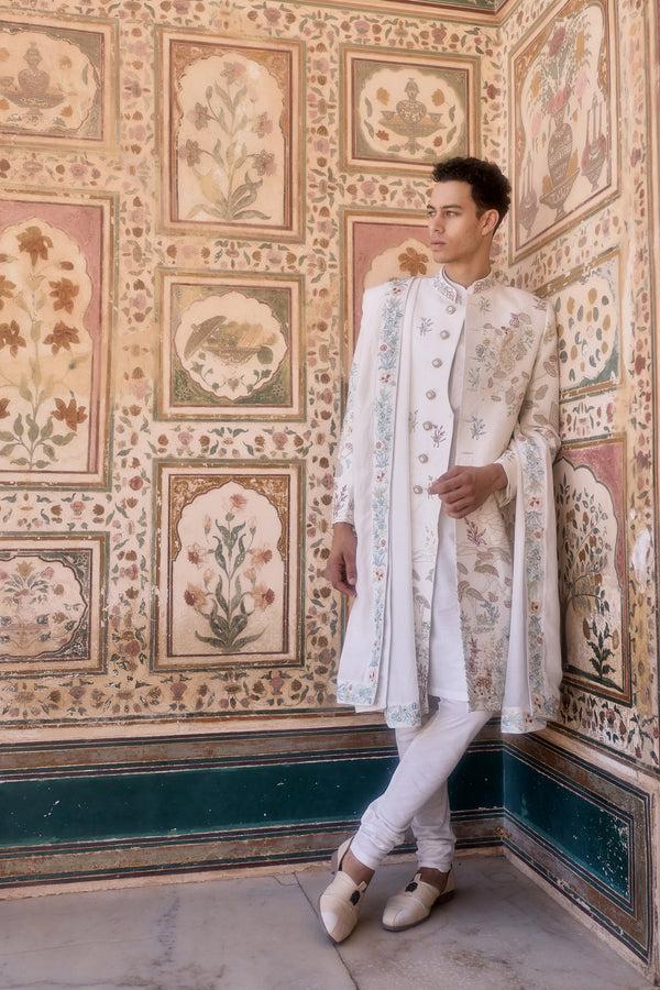 b more White Pure Raw Silk French Knot Zardosi Cutdana Work Sherwani