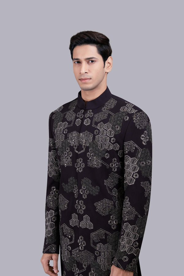 B More WINE ITALIAN WOOL METALIC EMBROIDERY INDO WESTERN