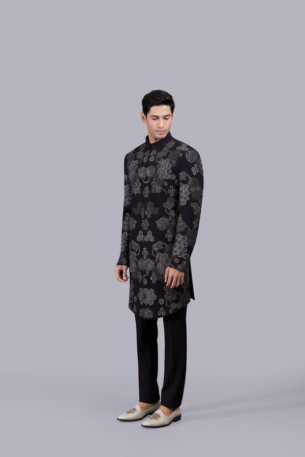 B More WINE ITALIAN WOOL METALIC EMBROIDERY INDO WESTERN