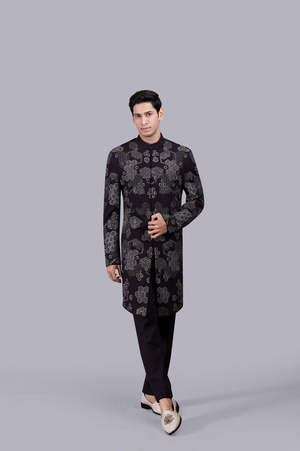 b more WINE ITALIAN WOOL METALIC EMBROIDERY INDO WESTERN