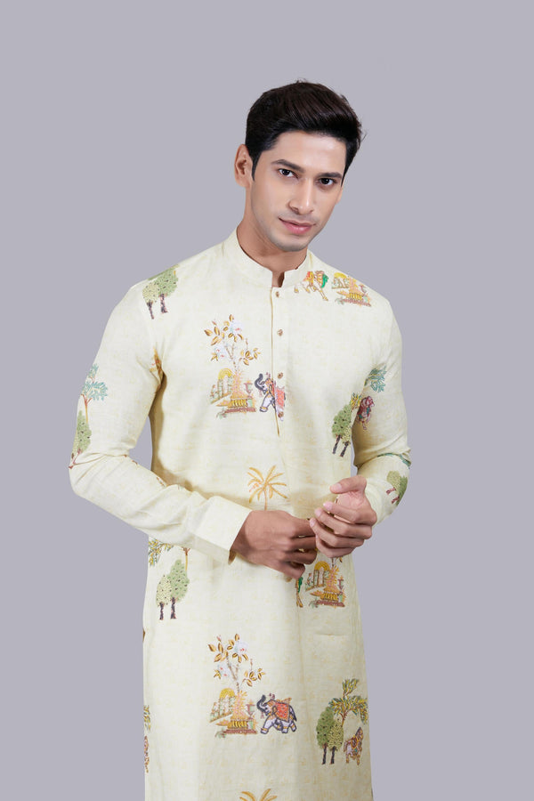 B More YELLOW DIGITAL PRINT LINEN THREAD WORK KURTA SET
