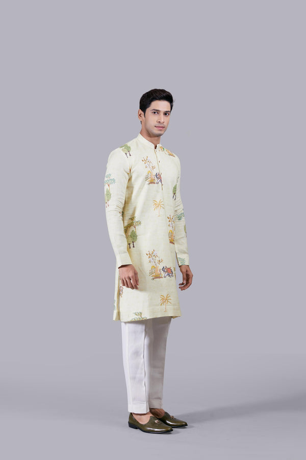 B More YELLOW DIGITAL PRINT LINEN THREAD WORK KURTA SET