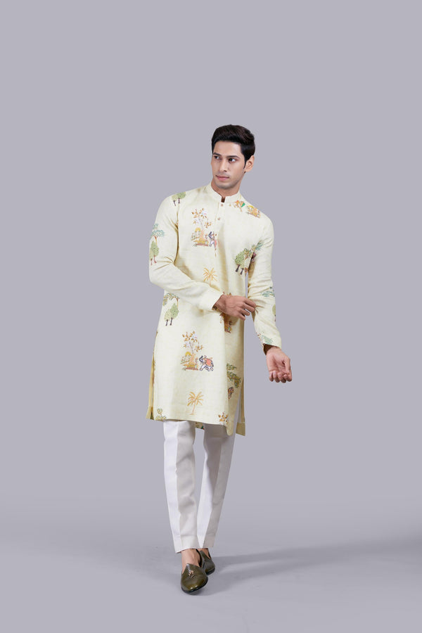b more YELLOW DIGITAL PRINT LINEN THREAD WORK KURTA SET