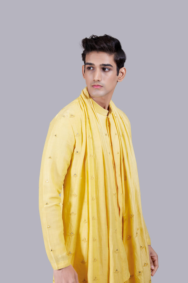 B More YELLOW PURE LINEN SILK THREAD WORK KURTA SET