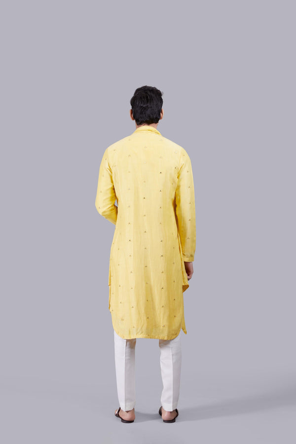 B More YELLOW PURE LINEN SILK THREAD WORK KURTA SET