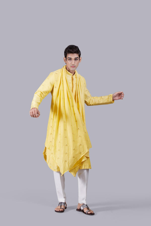 B More YELLOW PURE LINEN SILK THREAD WORK KURTA SET