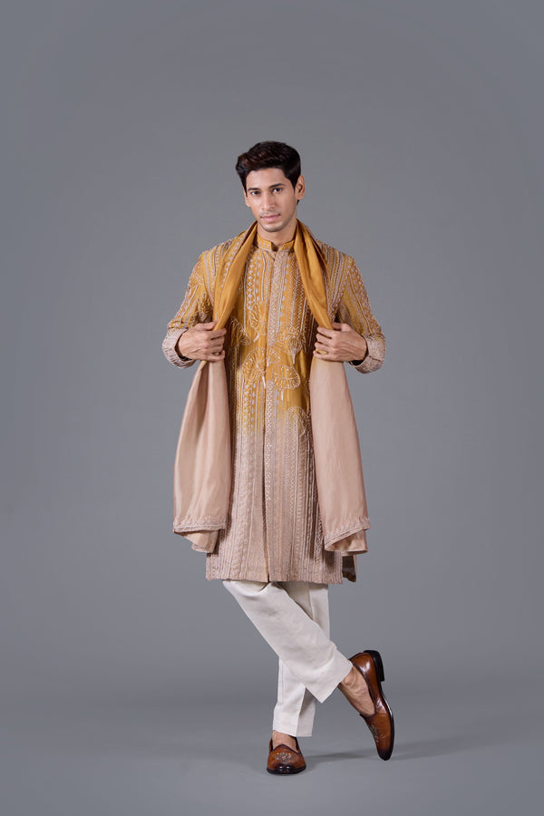 b more Zarwaan Gold – Mustard Yellow Linen Silk Kurta Set