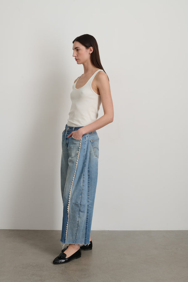 B Sides Vintage Lasso Jean Slouch Crop Classic Faded Indigo Hand Tatted Lace